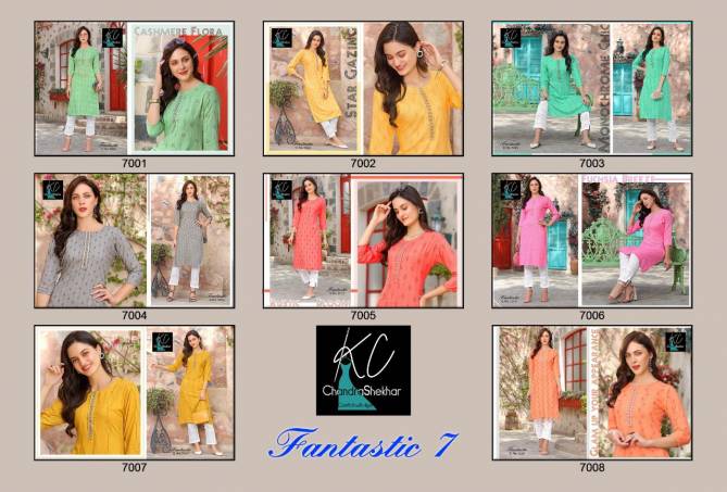 Kc Fantastic 7 Latest Fancy Casual Wear Rayon printed top with heavy neck work Kurti With Bottom Collection
